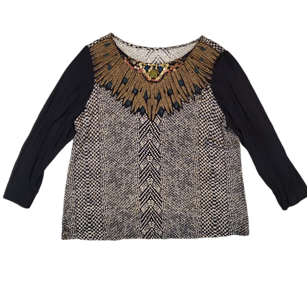 Soft Surroundings‎ Women's Beaded Jeweled Long Sleeve Weave Print Top 2XL